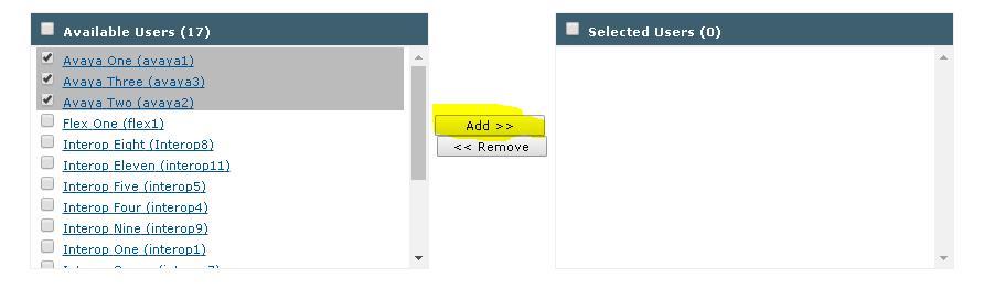 All Users configured on the system will appear, select the ones you want to add into this Shared Profile and select Add.