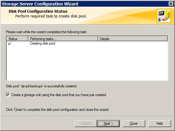 Configuring deduplication Configuring a storage server for a PureDisk Deduplication Pool 94 11 The Disk Pool Configuration Status wizard panel describes the progress of the operation.