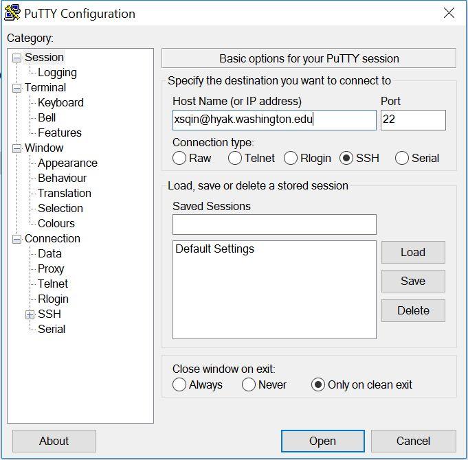 Logging in to Hyak - Windows putty Enter Host Name and Port number.