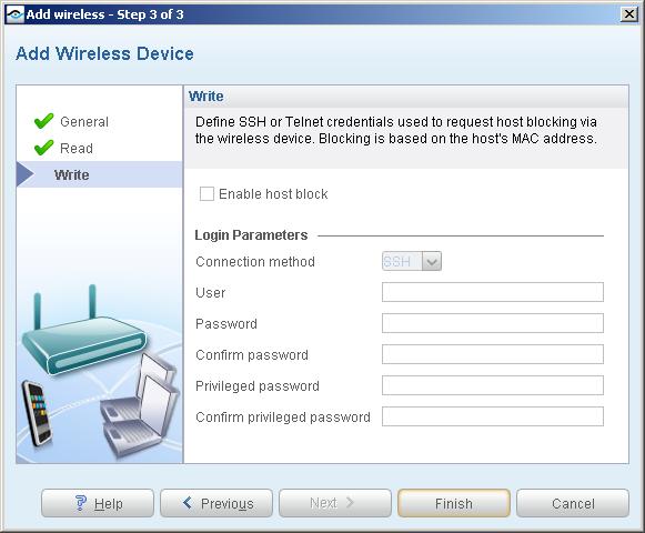 Write page (Cisco Aironet, Meru) (Optional) Select Enable host block to enable the WLAN Host Block action.