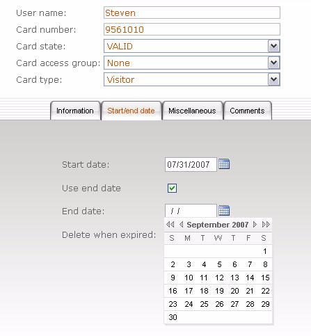 Adding a New Card (continued) Note: All fields labels (User Info #1 to #10) can be modified from the EntraPass workstation, go to Users > Card > General tab. 9. Move to the Start/End Date tab. 10.