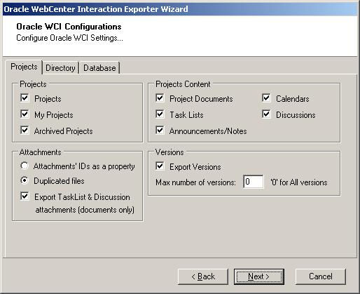 Figure 6: Oracle WCI Configurations Screen Projects Tab Table 2: Oracle WCI Configurations, Projects Tab Description of Fields Field Projects Projects My Project Archived Projects Projects Content