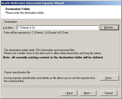Figure 12: Destination Folder Screen 8. Specify where to export the files and generated TDX information.