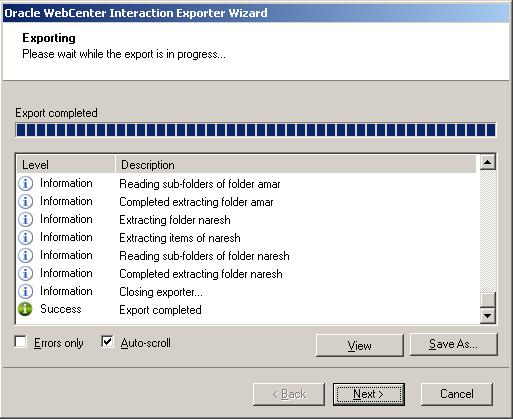 Figure 13: Exporter Progress Screen You can save the export report by clicking Save as after export is complete. You can display only export errors by checking Errors only.