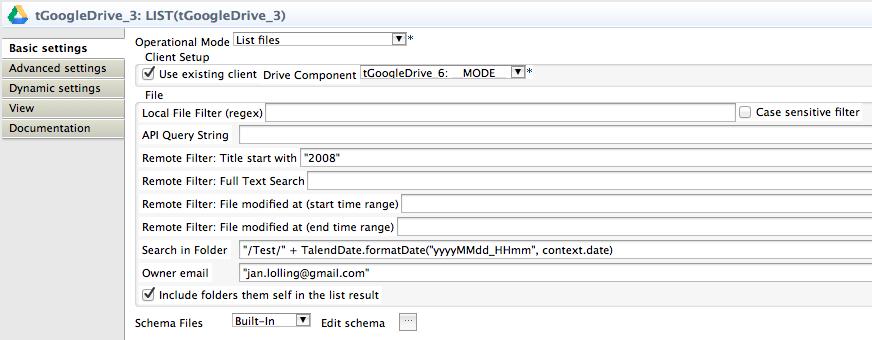 Operational Mode: List files (LIST): In this mode the component lists the meta-data of the files of the drive. There are a couple of possible filters.
