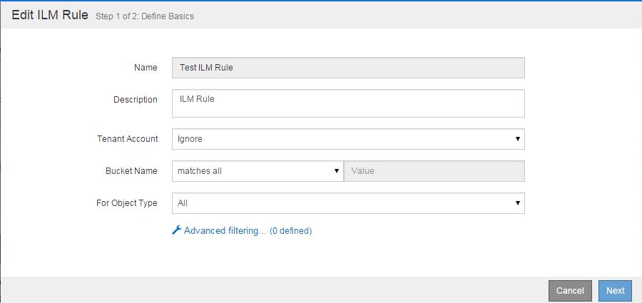 92 StorageGRID Webscale 10.4 Administrator Guide 1. Select ILM > Rules. The ILM Rules page appears. 2. Select the appropriate rule and click Edit. The Edit ILM Rule wizard opens. 3.