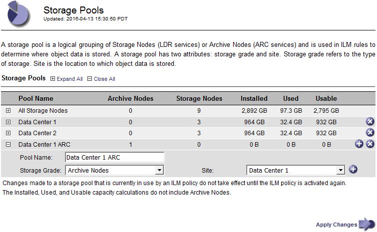 76 StorageGRID Webscale 11.0 Administrator Guide For each storage pool, you can view the number of Storage Nodes or Archive Nodes as well as the amount of storage installed, used, and available.