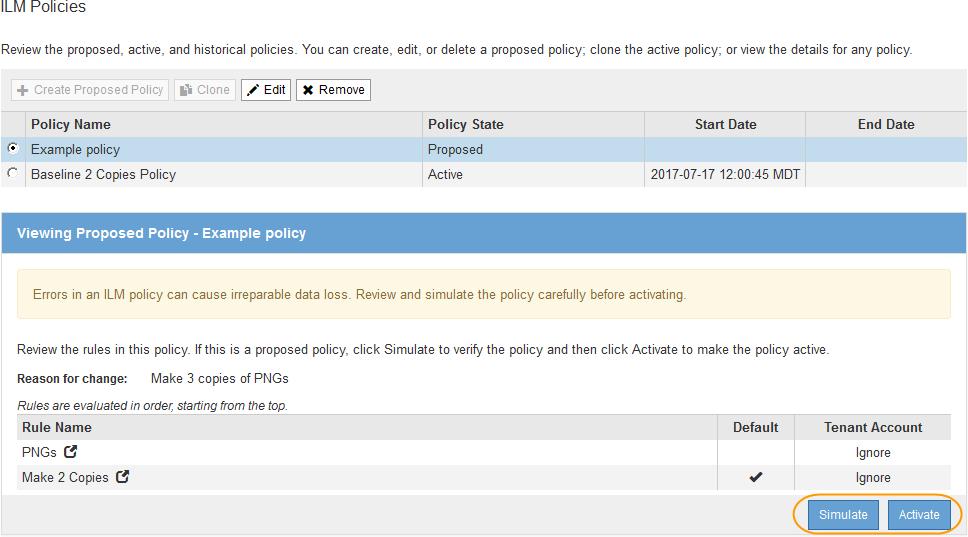 94 StorageGRID Webscale 11.0 Administrator Guide The ILM Policy page updates, and the policy you saved is shown as Proposed. Proposed policies do not have start and end dates.