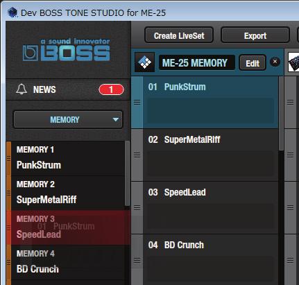 Restoring a Memory to the ME-25 Here s how to select a memory from a liveset that you saved as a backup, and restore it back to the ME-25. 1.