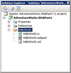 Note: HelloWorld.cs is the web part control, and will be the location of the code to display some text on the screen. HelloWorld.webpart is the xml which defines the web part. HelloWorld.xml is the xml which tells SharePoint what the feature consists of and where it should be located.