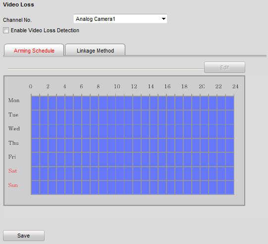 Figure 5. 20 Video Loss Alarm Settings 2. Select the camera to configure the video loss alarm. 3. Check the checkbox of Enable Video Loss. 4.