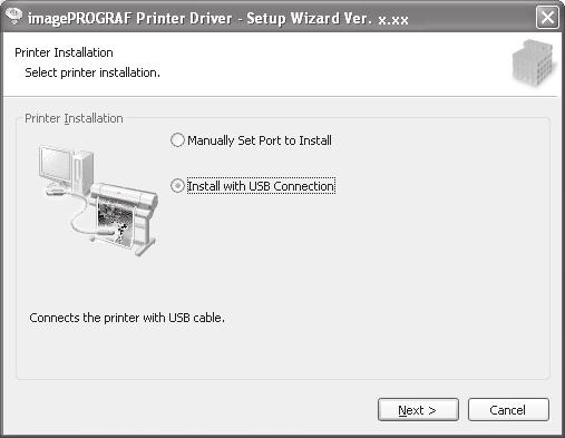 9 In the Printer Selection window, select The printer is connected directly to computer nd click Next.