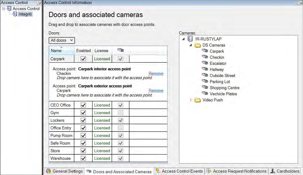 Doors and Associated Cameras Map one or more cameras to each Access Point using drag and drop and see an overview of licensed and unlicensed