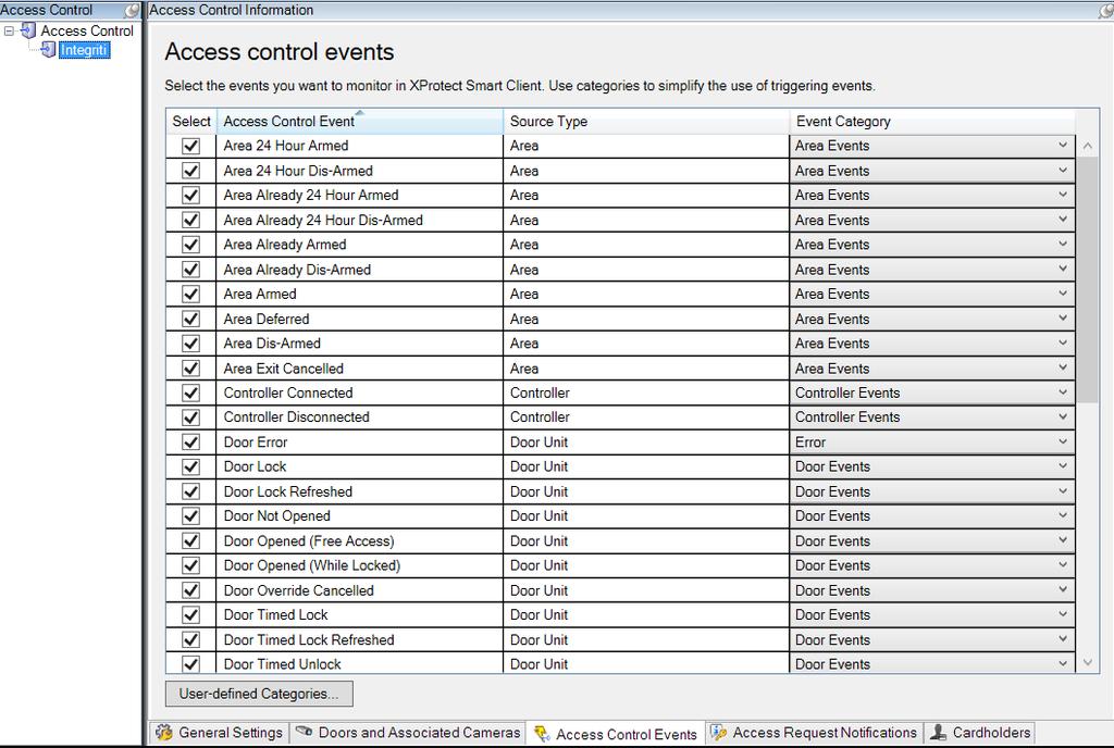 Access Control Events Optionally select the events to be monitored in the Milestone Smart Client.