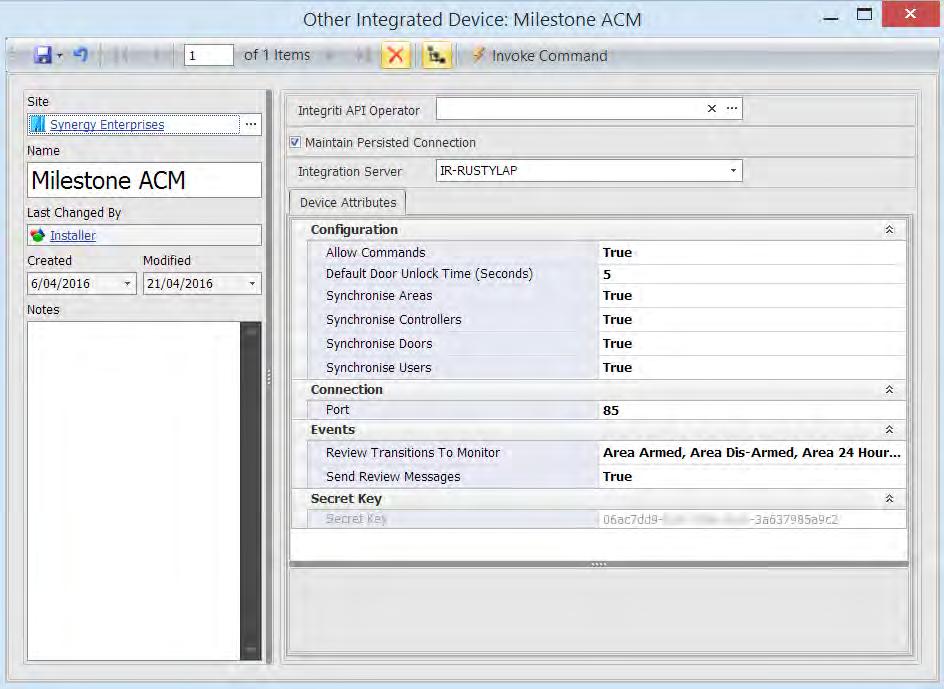 The following screenshot displays an example summary of the completed Milestone ACM interface settings in Integriti. 15. Save and close the Integrated Device window.