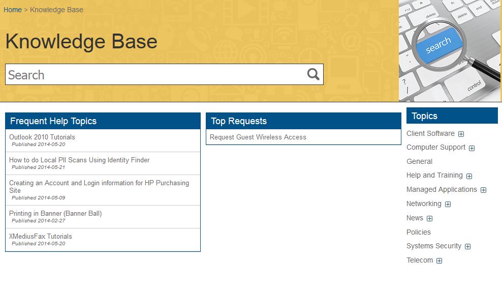 Searching the Knowledge Base Figure 7- Knowledge Base Search From the Knowledge base page you can search for or browse different articles and training on the OIT portal.