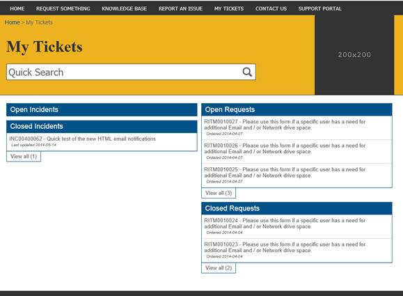 Checking the status of your Requests and Incidents By clicking on the My Tickets link you ll be taken to a page with information on both your open and closed Incidents and Requests.