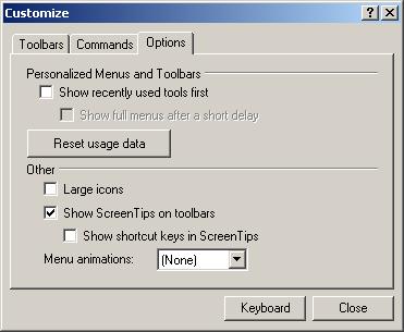 SYS 600 9.2 MicroSCADA Pro 1MRS756118. Fig. 2.4.3.-7 Option tab of Customization dialog A051482 Only the most recently used menus are visible.