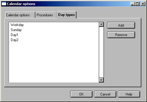 1MRS756118 MicroSCADA Pro SYS 600 9.2 3.8.3. Day types Fig. 3.8.3.-1 Day type tab Calendar_day_b To add a new day type: 1. Click the Add button. 2. Type a name for the day type.