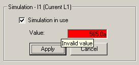 SYS 600 9.2 MicroSCADA Pro 1MRS756118 The simulated value entered is validated at first. If the simulated value is not valid, the Value box is displayed in red color (see Fig. 4.7.-3). Fig. 4.7.-3 Invalid simulated value A050072 On the Limits tab you can: Set the high and low alarm and warning limit values.