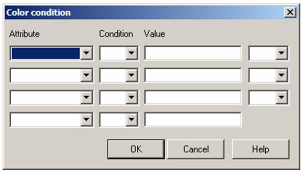 1MRS756118 MicroSCADA Pro SYS 600 9.2 Fig. 5.4.2.-3 Color condition dialog The color condition dialog is accessed from the color settings dialog by clicking a button on the color rule line.