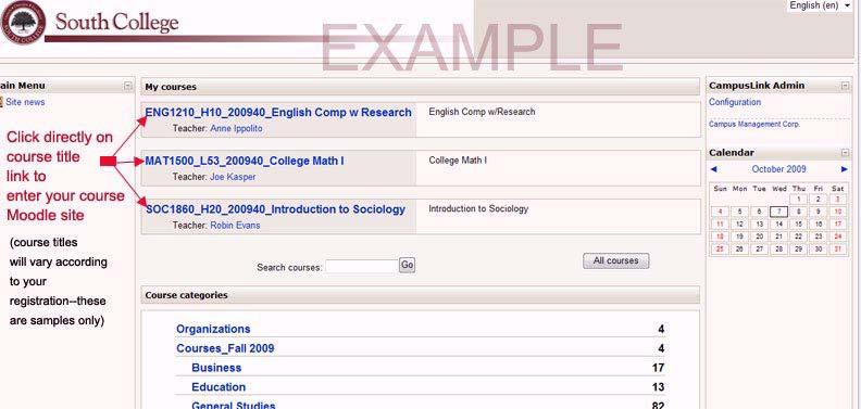 You are now viewing classes in which you are registered. 5. Click a course title link to enter the Moodle course site (the ones in the image are for sample purposes only your titles may be different).