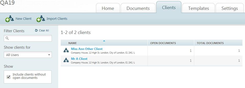 Clients Tab Clients Tab The Clients tab main page contains a filterable table listing all of the firm s clients and the documents assigned to each client.