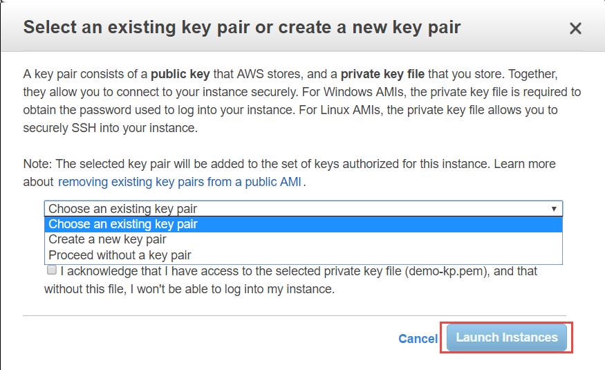 Securing your Amazon Web Services (AWS) datacenter Workflow for deploying Network Security Platform in AWS 3 12 In the Select an existing key pair or create a new key pair window, you can either