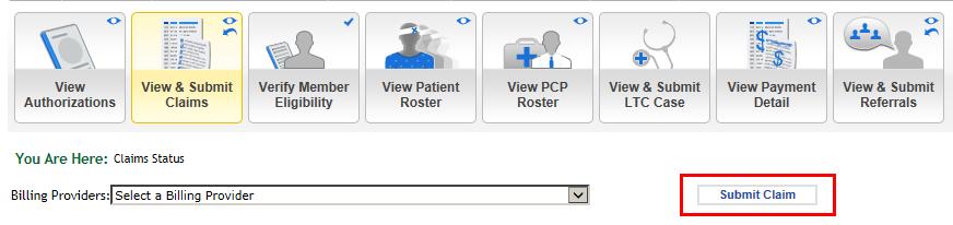 Figure 3-7: Select Billing Provider Choose the appropriate radio button next to Select a Claim Type (Figure 3-8): Professional - CMS-1500 Institutional - UB-04 Dental - should not be used.