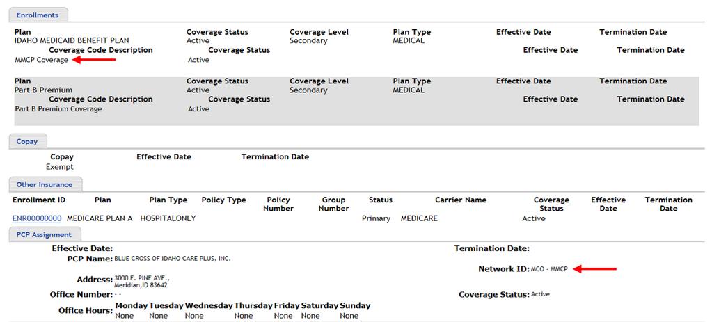 Figure 3-56: MMCP Eligibility The Coverage Status column populates as either Active or Partial. The effective/termination dates are populated only when coverage is partial. See the following example.