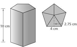 11. The sketch below shows side and top views of a prism with base and top that are regular pentagons. Side view Top view a. What is the surface area of the prism? b. What is the volume of the prism?