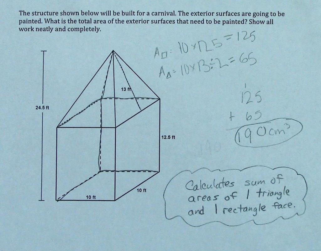 Finds the area of a single triangle and/or rectangle. Combines the volume of one figure and area of another. Can you decompose the figure into familiar solids?