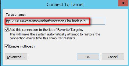 5. Select the partner target from the other iscsi target node and click Connect. For the iscsi target selected in Step #2, the partner target is iqn.2008-08.com.starwindsoftware:san1-ha-backup-h 6.