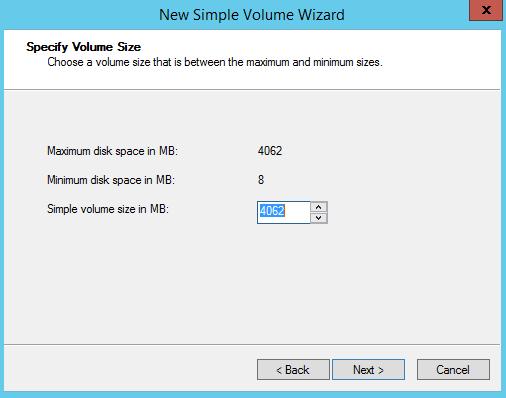 7. In the Specify Volume Size dialog box, enter the