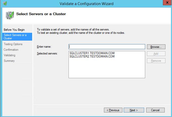 2. In the Select Servers or a Cluster dialog box, enter the hostnames of