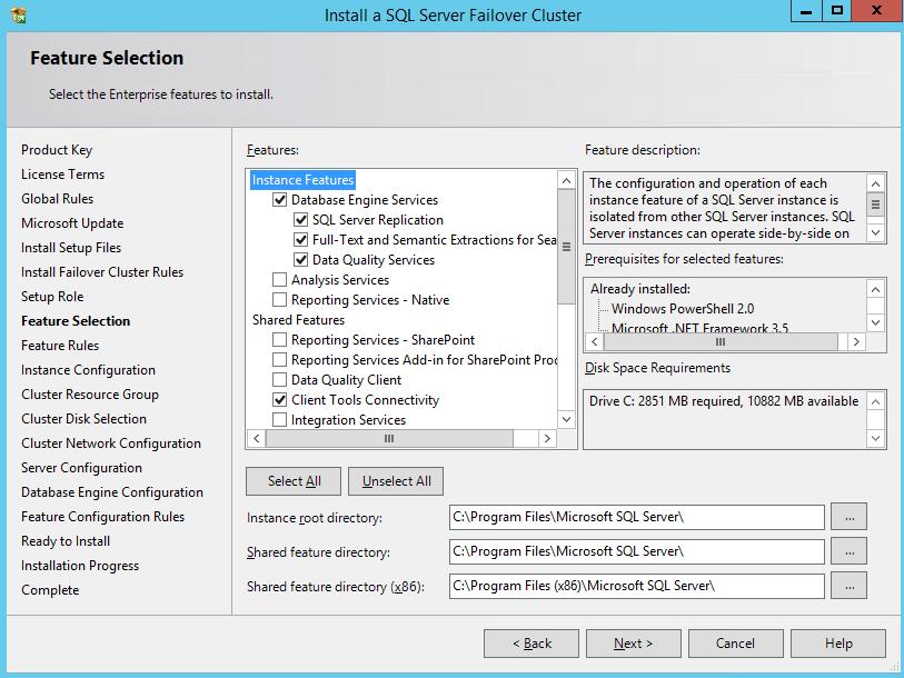 In the Feature Selection dialog box, select the following components