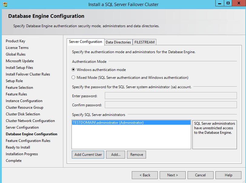 15. In the Database Engine Configuration dialog box, select the appropriate Authentication Mode in the Server Authentication tab.