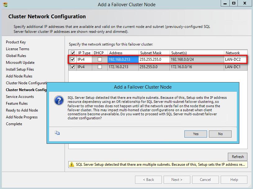 9. In the Cluster Network Configuration dialog box, enter the virtual IP address and subnet mask that the SQL Server 2014 failover cluster instance will use in the network subnet that the second node