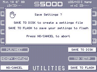 USER SETTINGS s5000/ s6000 To save the setting file, press SAVE SETTINGS (F16) in main UTILITIES page. The function is also available in SYSTEM SETUP, PREFERENCES, MIDI SETUP and FX IN/OUTS.