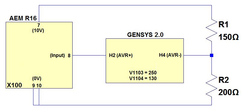Manufacturer Model AVR gain [E1103] AVR offset [E1104] Terminal H2 Terminal H4 Comment AEM R16 250 130 8 H4 in the midpoint of a resistive bridge between AEM 7 and 9/10 (See drawing) AVK Cosimat N+