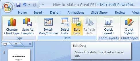 To open your Excel spreadsheet (again), move your cursor over the Edit Data button in the Chart Tools Tab/Ribbon and click the Edit Data button.