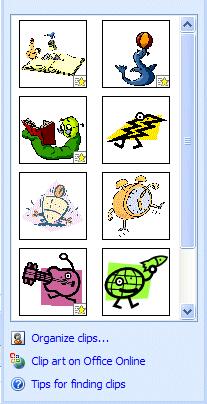 First, we ll do a Clip Art search for cartoons and hope we get a motion/animated image. Type-in cartoons in the area under Search text: Then click-on the Go button.