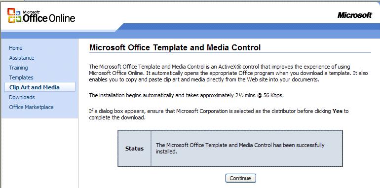 When you click the Accept button, you will be taken to the Microsoft Office Template and Media Control Screen below.