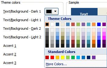Below is an image of the Theme Colors drop down menu for Text/Background Dark 1. As you choose colors you will see the result in the Sample area.
