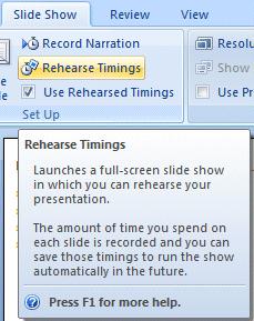 thing people find most helpful, if they desire to have the show repeat continuously, is the Loop continuously until Esc selection. This is indicated by an arrow to the Show options area.