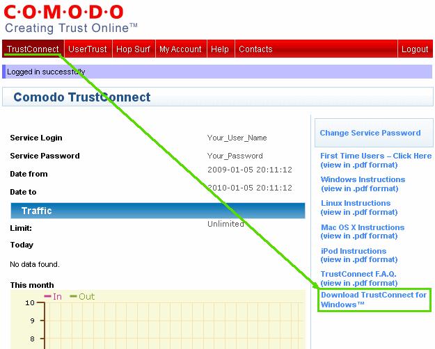 To connect to the TrustConnect service you must first download and install the TrustConnect Windows client software: Firstly, log into your Comodo Account at https://accounts.comodo.