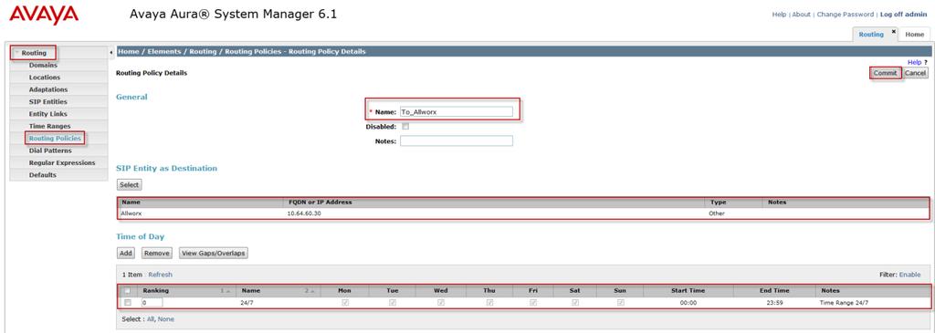 The following screen shows the Routing Policy for routing calls to the Allworx 6x system.