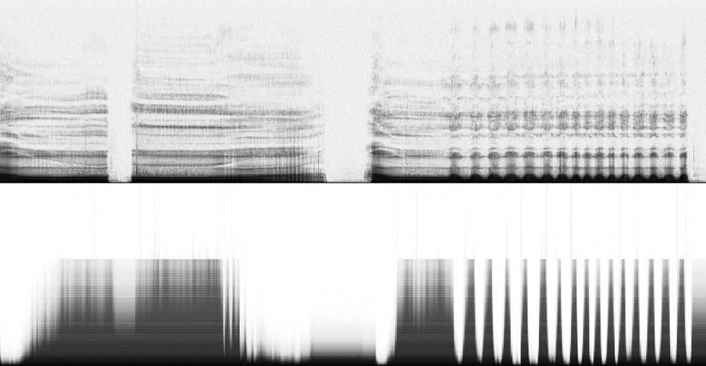 Figure 4: Spectrogram for the first example. Vocal gesture (top) and DMI output (bottom) showing how /a/ to /u/ gesture modulates the cutoff freq.