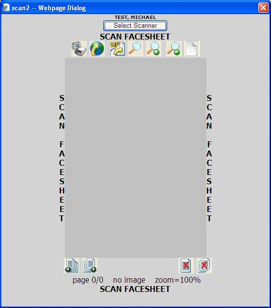 User Guide Technologist Supplement Figure 8 Scan Facesheet Dialog Button Acquire Image Send Rotate 90 Zoom Tool Zoom In Zoom Out Prev Page Next Page Delete page Delete All Table B Scan Dialog Buttons