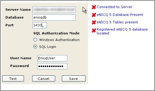 2. For the Server Name, enter the fully qualified domain name of the computer hosting the enicq 5 database.